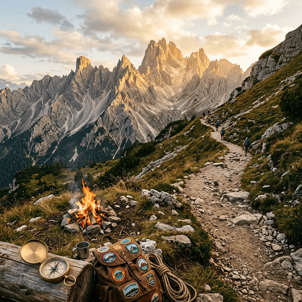 Hikers follow an alpine trail beneath jagged mountains, with a campfire and hiking gear